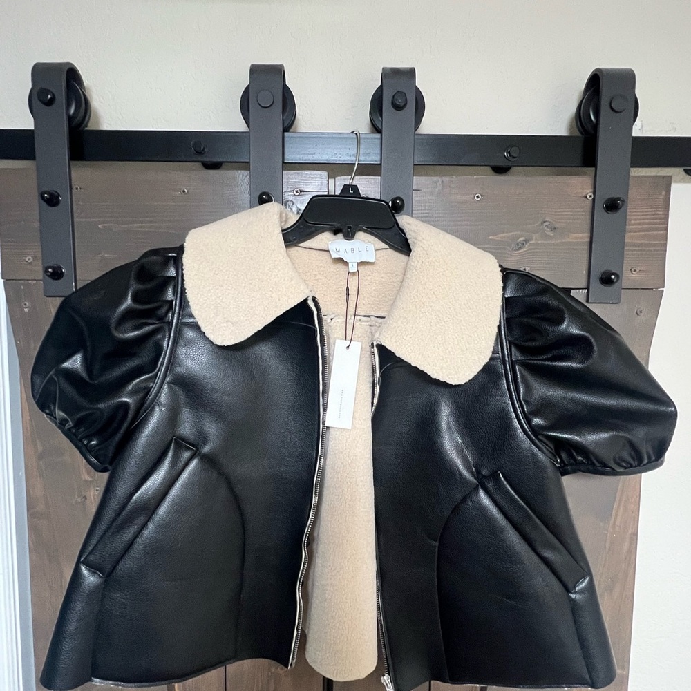 Mango Black Faux Leather Jacket with Cream Collar